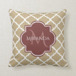 Stylish Tan Quatrefoil Burgundy Monogram and Name Throw Pillow