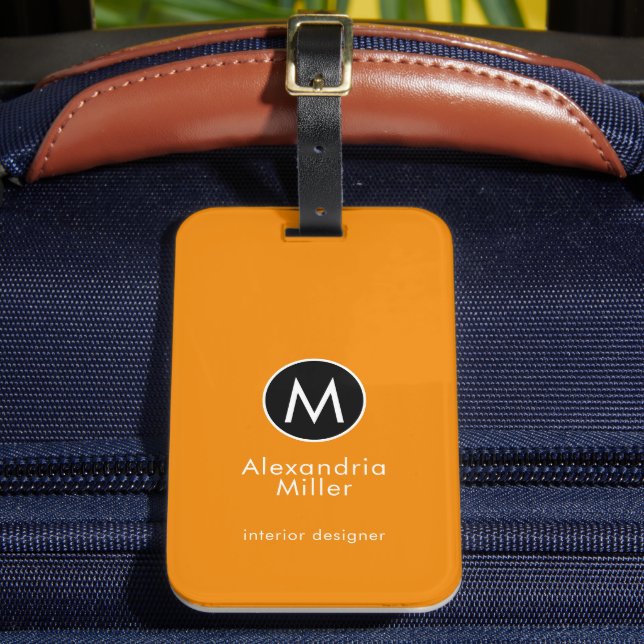 Stylish Tangerine Orange Monogram Name Luggage Tag (Front Insitu 2)
