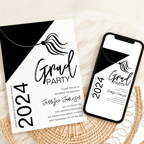 Stylish Tassel  Black  White Graduation Invitation