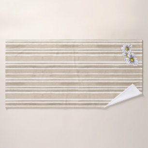 Stylish Taupe Striped Watercolor Daisy Exercise Bath Towel