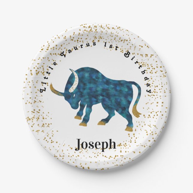 Stylish Taurus 1st Birthday & Gold Confetti  Paper Plates (Front)