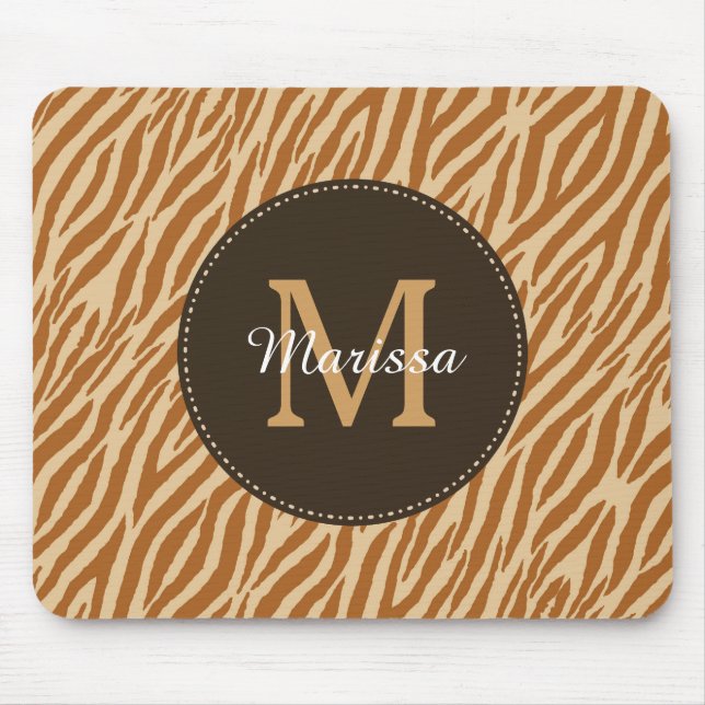 Stylish Tawny Brown Zebra Print Monogram and Name Mouse Pad (Front)