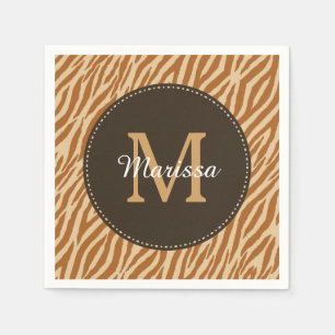 Stylish Tawny Brown Zebra Print Monogram and Name Paper Napkins