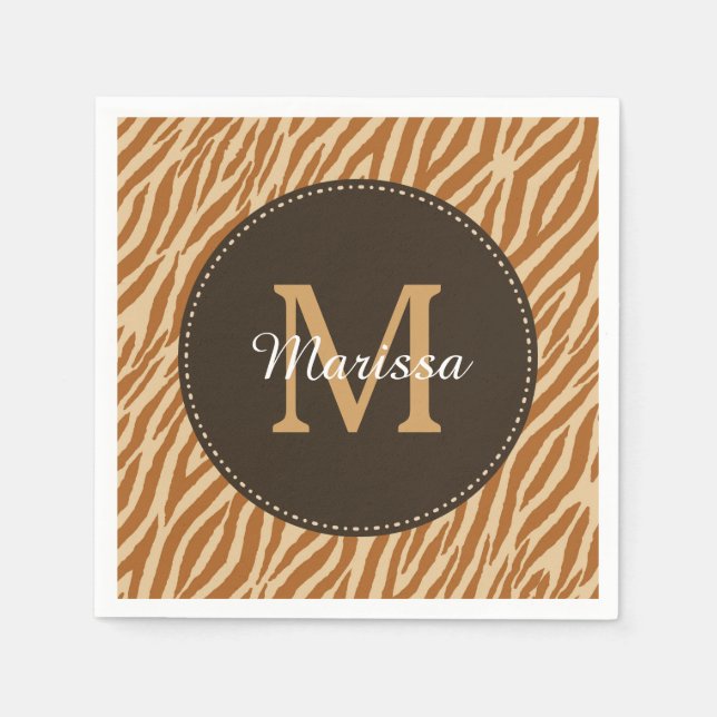 Stylish Tawny Brown Zebra Print Monogram and Name Paper Napkins (Front)