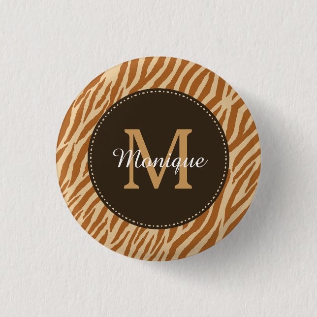 Stylish Tawny Brown Zebra Print Monogram and Name Pinback Button (Front)