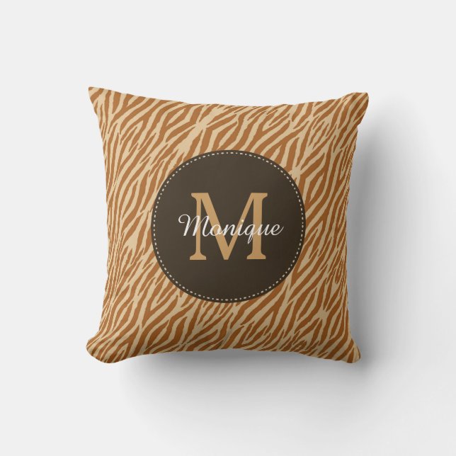 Stylish Tawny Brown Zebra Print Monogram and Name Throw Pillow (Front)