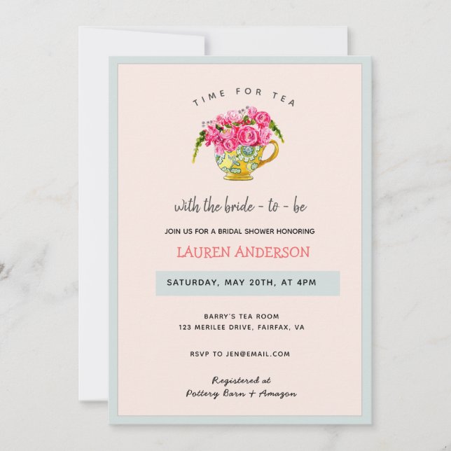 Stylish Tea Party pink and blue Bridal shower Invitation (Front)