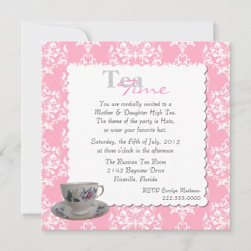 Stylish Tea Party Pink Damask Invitation