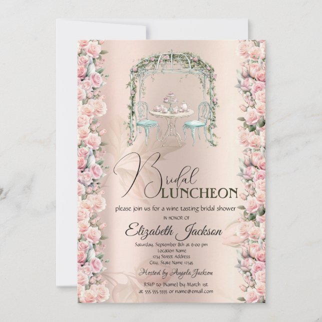 Stylish Tea Party Roses Bridal Luncheon Invitation (Front)