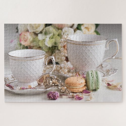 Stylish Tea Party Tasty Macarons Floral Jigsaw Puzzle