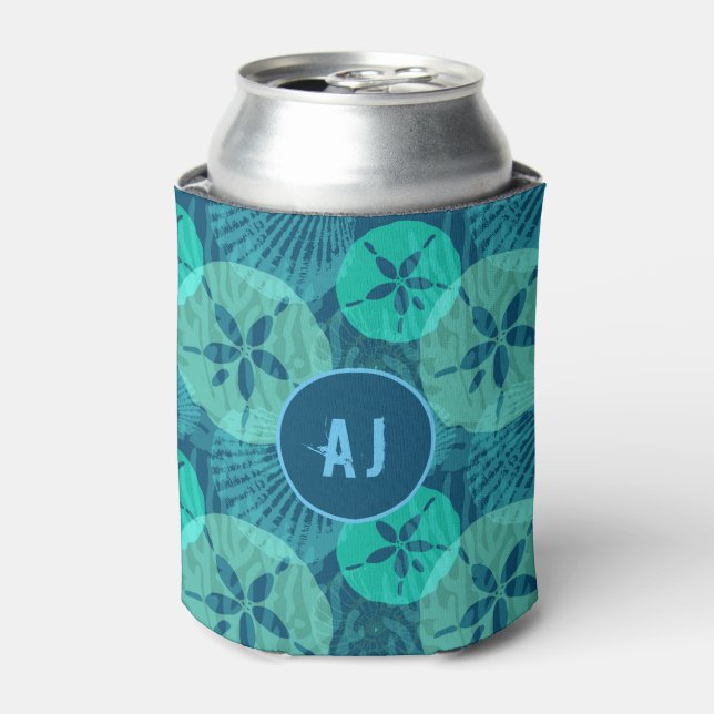 Stylish Teal and Aqua Sand Dollars and Seashells Can Cooler (Can Front)