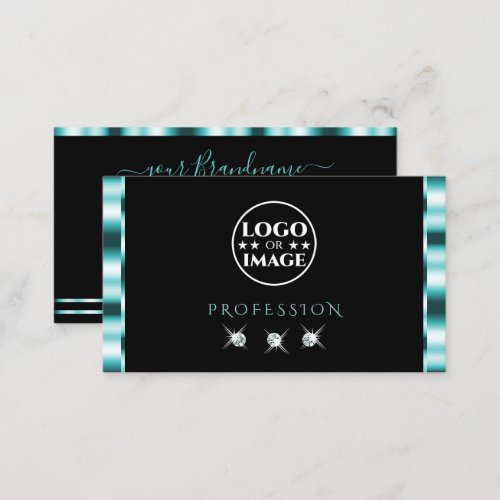Stylish Teal and Black Sparkling Diamonds Add Logo Business Card