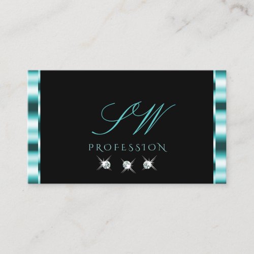 Stylish Teal and Black Sparkling Diamonds Initials Business Card