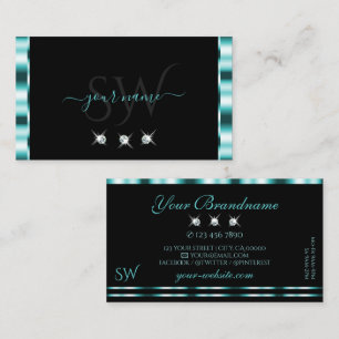Stylish Teal and Black Sparkling Diamonds Monogram Business Card