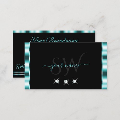 Stylish Teal and Black Sparkling Diamonds Monogram Business Card