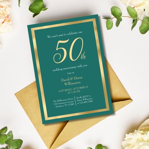 Stylish Teal and Gold Fiftieth Wedding Anniversary Invitation