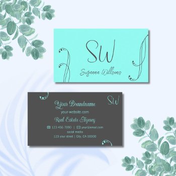 Stylish Teal And Gray Modern Ornate With Monogram Business Card by Your_Favorite at Zazzle