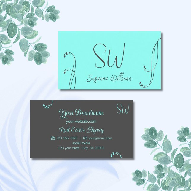 Stylish Teal and Gray Modern Ornate with Monogram Business Card (Creator Uploaded)
