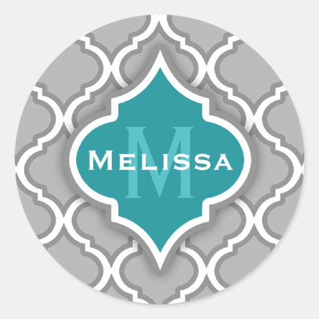 Stylish Teal and Gray Moroccan Tile Pattern Classic Round Sticker (Front)