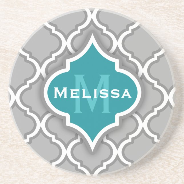 Stylish Teal and Gray Moroccan Tile Pattern Drink Coaster (Front)