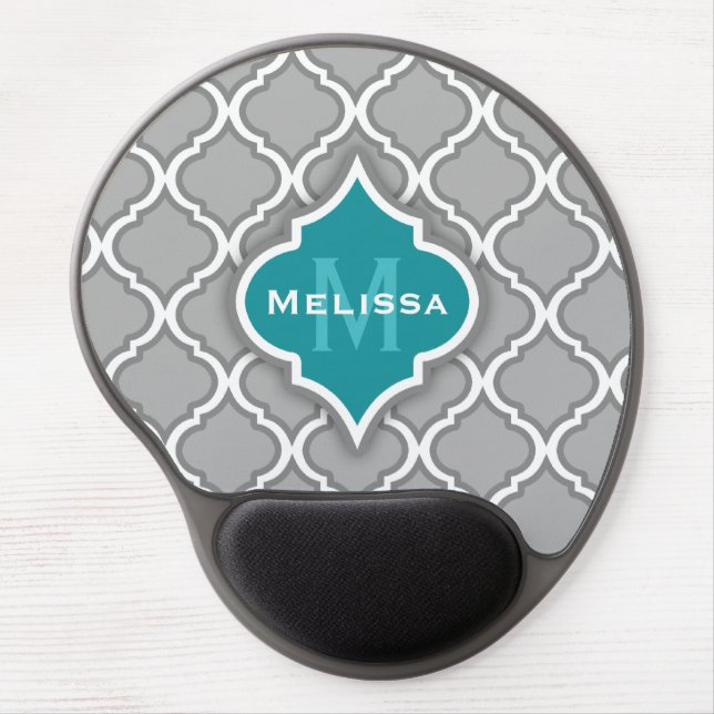 Stylish Teal and Gray Moroccan Tile Pattern Gel Mouse Pad (Front)