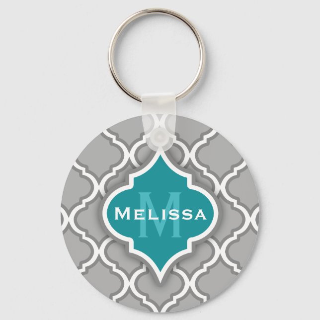 Stylish Teal and Gray Moroccan Tile Pattern Keychain (Front)