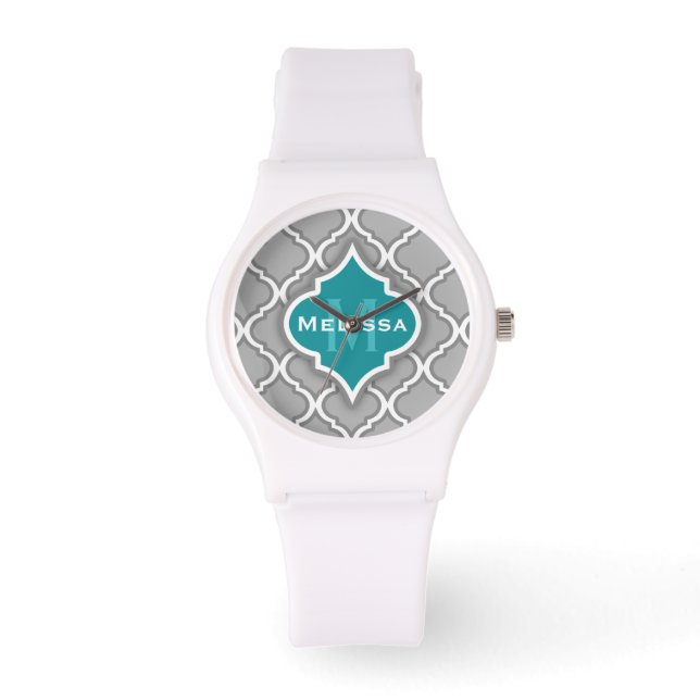 Stylish Teal and Gray Moroccan Tile Pattern Watch (Front)