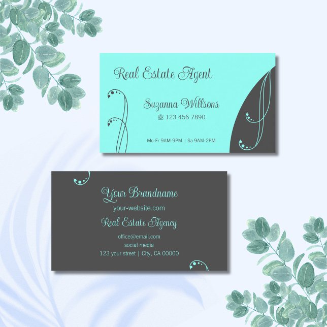 Stylish Teal and Gray Ornamental Squiggled Ornate Business Card (Creator Uploaded)