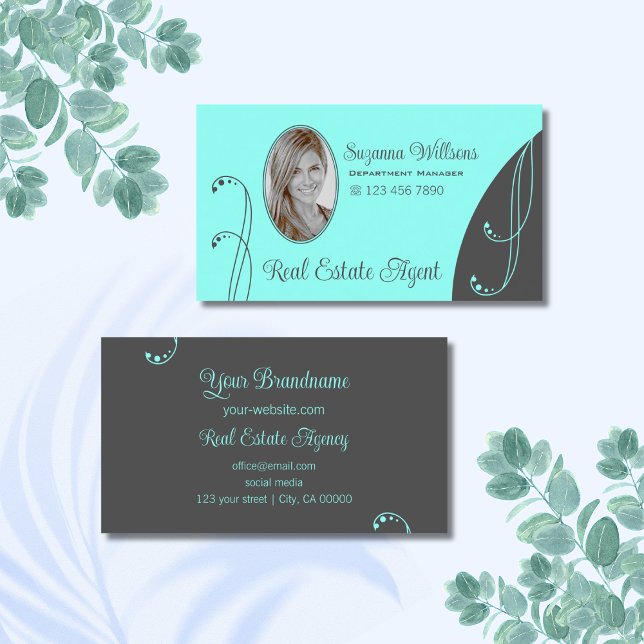 Stylish Teal and Gray Ornate with Portrait Photo Business Card (Creator Uploaded)