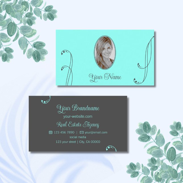 Stylish Teal and Gray Ornate with Portrait Photo Business Card (Creator Uploaded)