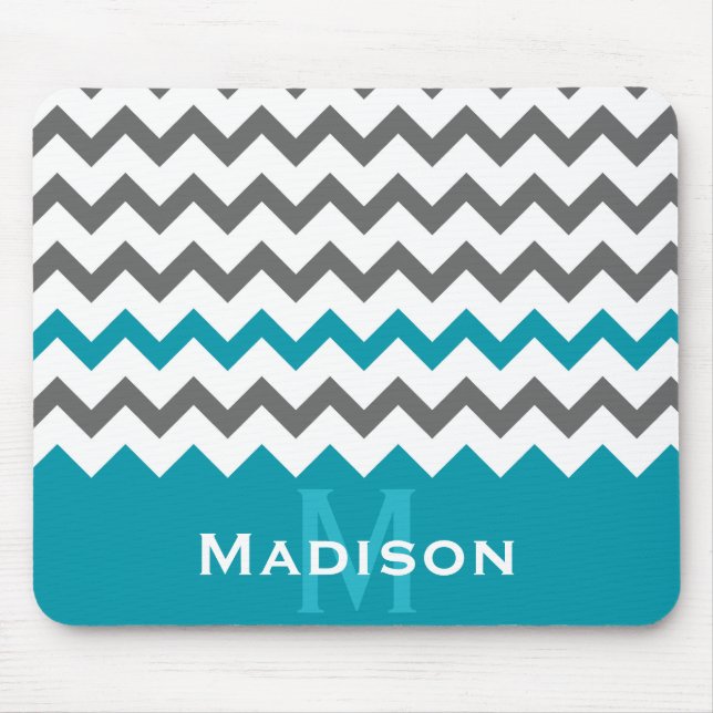 Stylish Teal and Grey Chevron Pattern Mouse Pad (Front)