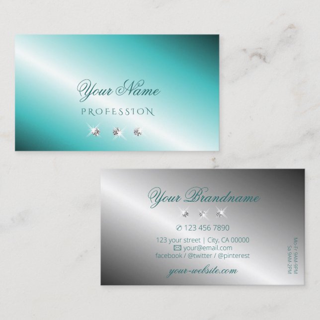 Stylish Teal and Silver Sparkling Diamonds Elegant Business Card (Front/Back)
