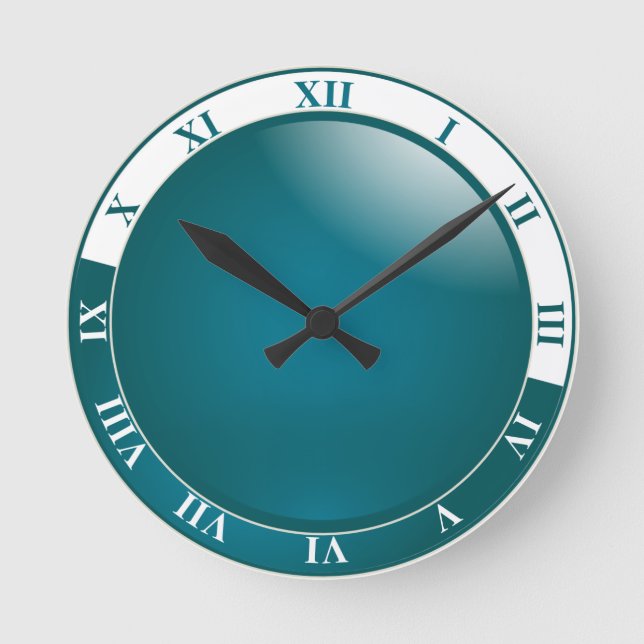 Stylish Teal and White Roman Numbers Round Clock (Front)