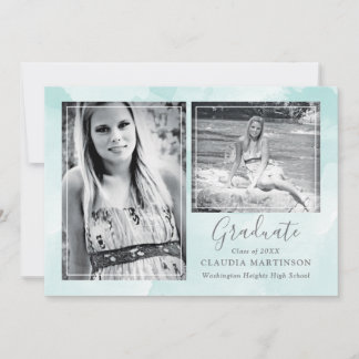 Stylish Teal Background Two Photo Graduation Announcement