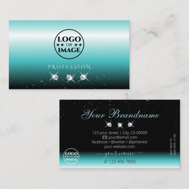 Stylish Teal Black Ombre Sparkle Diamonds Add Logo Business Card (Front/Back)