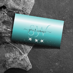 Stylish Teal Black Ombre Sparkle Diamonds Initials Business Card