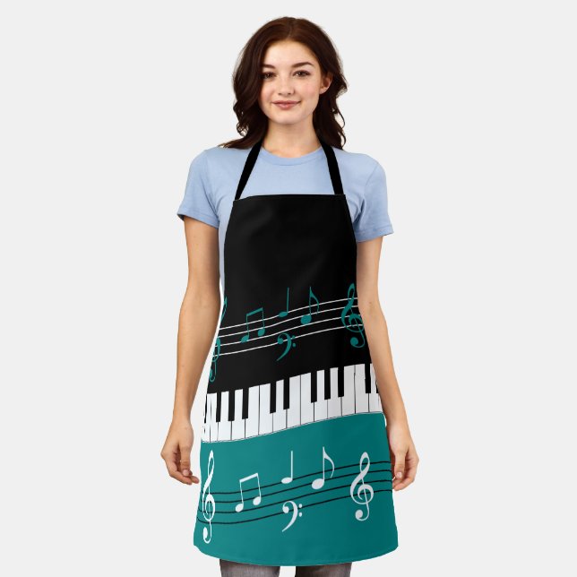 Stylish Teal Black White Piano Keys and Notes Apron (Worn)