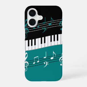 Stylish Teal Black White Piano Keys and Notes iPhone 16 Case