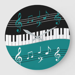 Stylish Teal Black White Piano Keys and Notes Large Clock