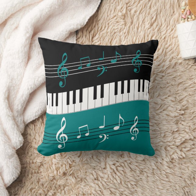 Stylish Teal Black White Piano Keys and Notes Throw Pillow (Blanket)