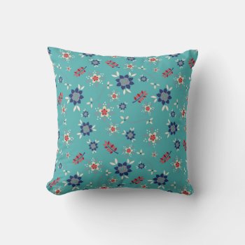 Stylish Teal Blue And Red Floral Pattern Throw Pillow by VintageDesignsShop at Zazzle