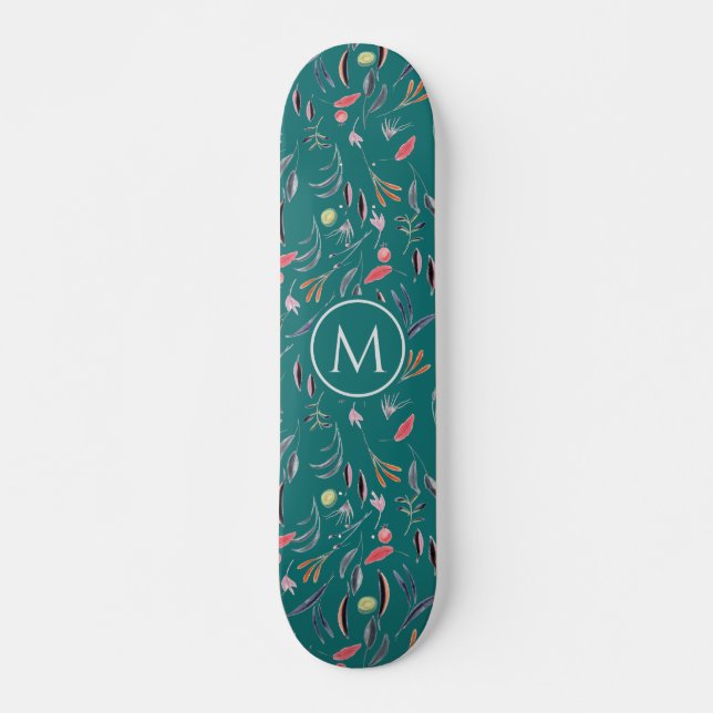 Stylish Teal Blue Floral Watercolor MONOGRAM Skateboard (Front)