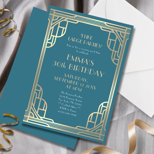 Stylish Teal Blue Gold Gatsby 30th Birthday Party  Invitation (Creator Uploaded)