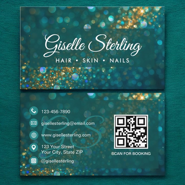 Stylish Teal Blue Gold Glitter QR Code Luxury Business Card
