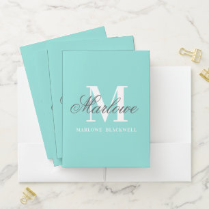 Stylish Teal Blue Grey Monogram Script Pocket Folder