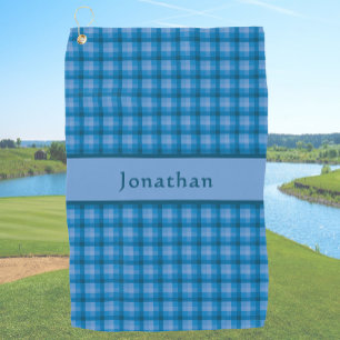 Stylish Teal Blue Plaid Personalized Name  Golf Towel