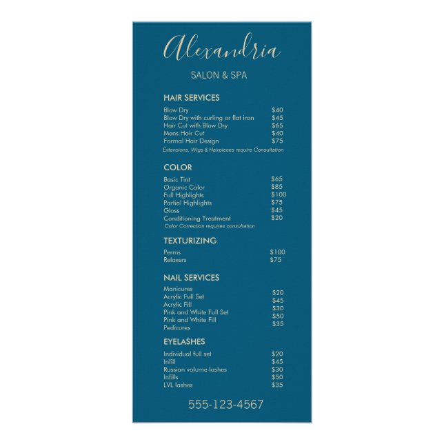 Stylish Teal Blue Salon Service Spa Menu (Front)