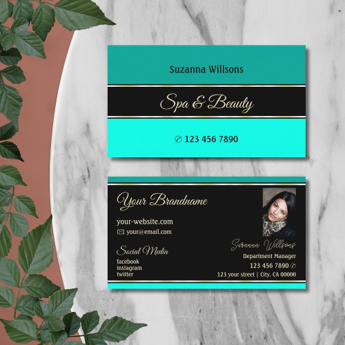Stylish Teal Borders on Black Modern with Photo Business Card
