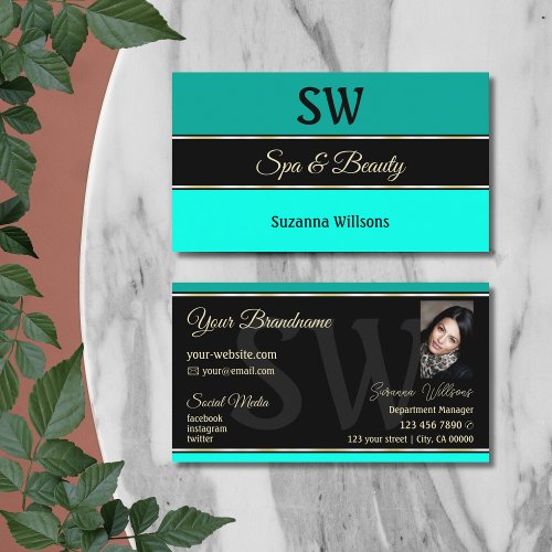 Stylish Teal Borders on Black Monogram and Photo Business Card