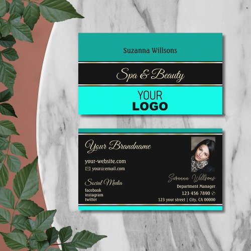 Stylish Teal Borders on Black with Logo and Photo Business Card